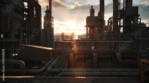 Drone view of a refinery complex at sunset