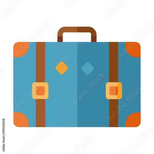 Retro blue suitcase with brown straps and orange accents