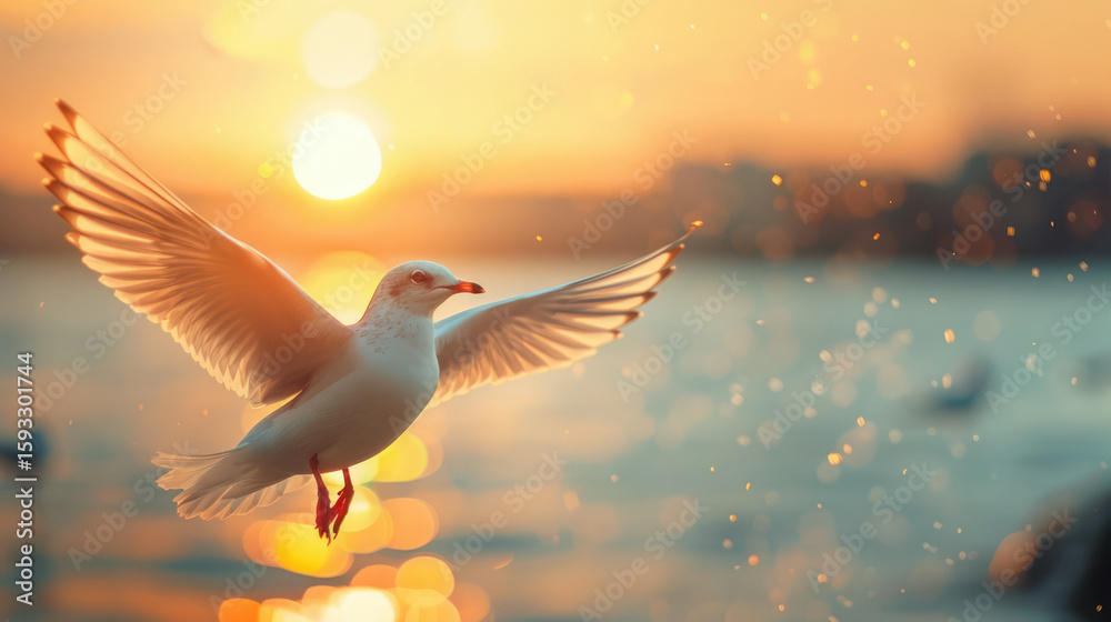 Fototapeta premium A seagull soars gracefully in front of a golden sunset, its wings outstretched, capturing a moment of freedom.