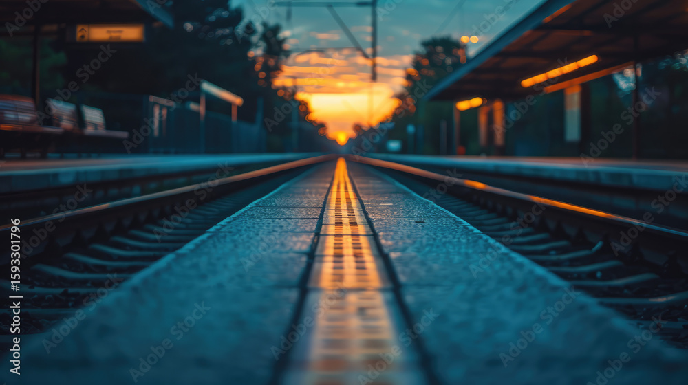 Fototapeta premium A train platform at dusk, the rails stretching toward the horizon with the light of the setting sun.