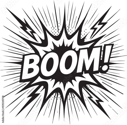 Boom comic book style explosion sound effect. A black and white pop art retro vector illustration for dynamic expression.