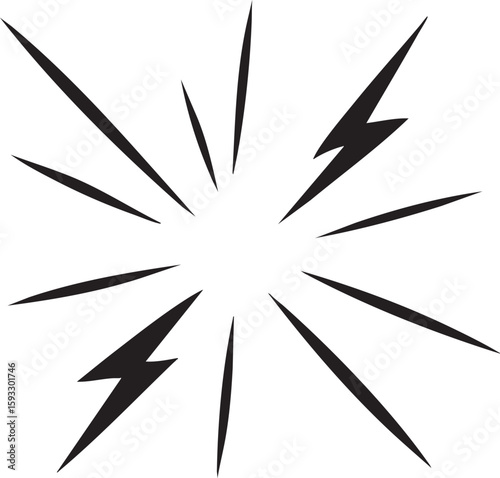 Dynamic electric explosion concept with lightning bolts. A monochrome vector graphic of a radial energy burst and spark effect.