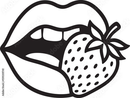 Black and White Illustration of Lips Biting a Strawberry, Fresh Fruit Concept