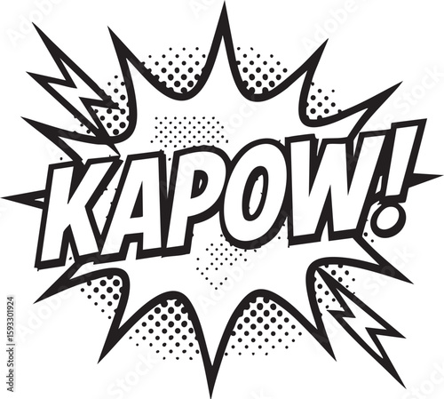 Kapow comic book explosion sound effect. A black and white pop art style illustration for action or surprise.