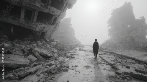 Solitary figure wandering through ruins, a metaphor for resilience in despair