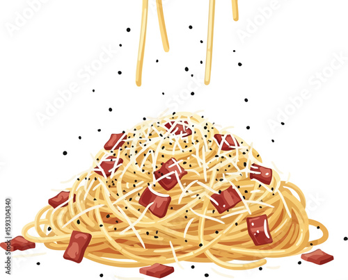 A stylized illustration of spaghetti carbonara with bacon and parmesan on a white background