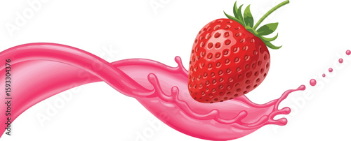 A vibrant strawberry with green leaves hovering above a splash of pink liquid on white background
