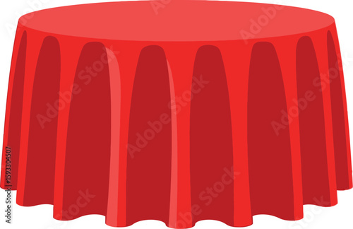 Illustration of a round table covered with a red tablecloth against a white background