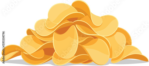 A cartoon illustration of a pile of golden yellow potato chips on a white background plain scene