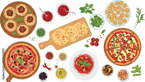An overhead view of various italian dishes including pizza pasta and flatbread on white background