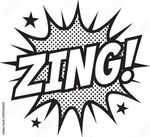 Dynamic 'Zing!' Comic Book Style Speech Bubble with Stars and Halftone Dots