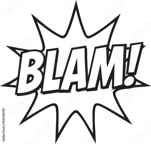 Monochrome BLAM! onomatopoeia design. Concept of explosive impact and sound in a retro comic style graphic.