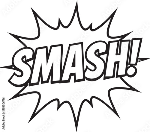 Classic comic book sound effect with the word SMASH! inside an explosion bubble. Black and white pop art style vector illustration.