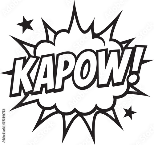 KAPOW! Comic book sound effect illustration. Dynamic explosion speech bubble with stars for impactful graphic design.