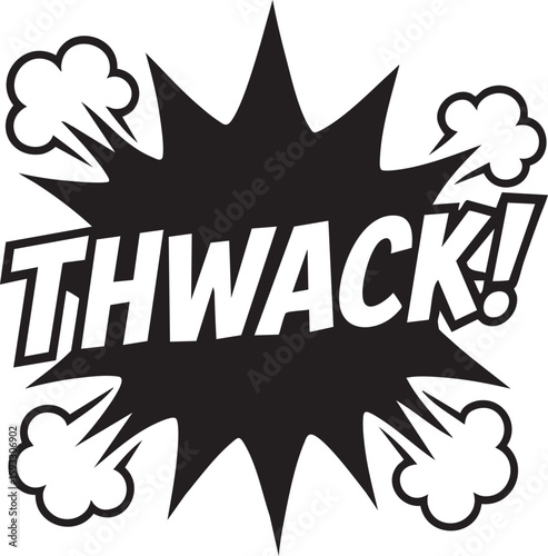 Thwack! Comic Book Sound Effect Explosion with Smoke Clouds, Black and White Graphic Design