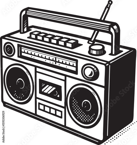 Vintage boombox portable stereo illustration in a black and white line art style. Classic 80s retro music player graphic.