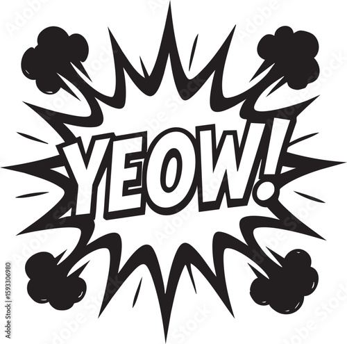 Black and white comic book 'YEOW!' sound effect illustration. Explosive burst graphic conveying sudden impact, surprise, and exclamation, ideal for dynamic design projects.