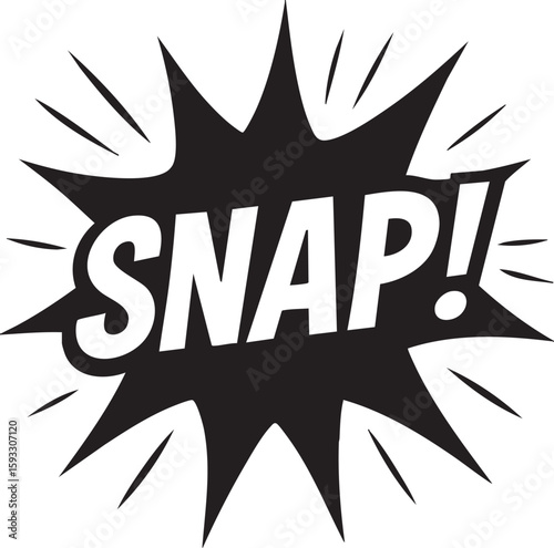 Snap comic book sound effect in a pop art explosion bubble. Black and white vector graphic for onomatopoeia and exclamations.
