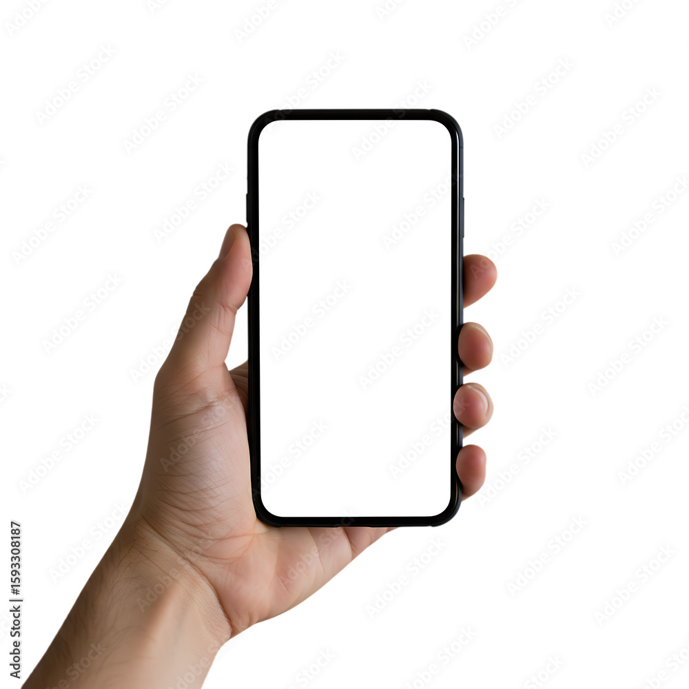 A hand holding a smartphone with a blank white screen against a black background in a studio shot created with generated ai