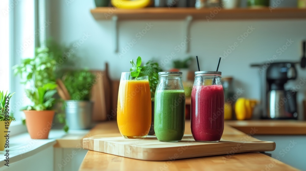 Fototapeta premium Fresh and Healthy Juice Selection in Bright Kitchen Setting