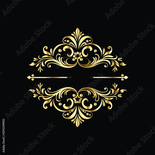 Vector golden vintage frame for design template. Elegant element for design in Eastern style, place for text. Floral golden border. Lace illustration for invitations and greeting cards.
