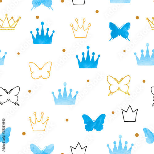 Little prince pattern with blue crowns and butterflies. Seamless baby shower ...