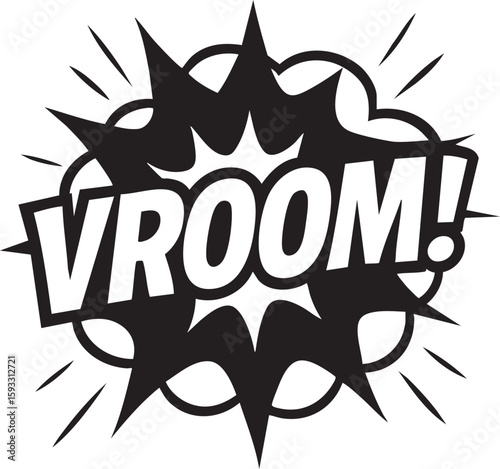 Vroom Comic Sound Effect Illustration, Dynamic Expression in Black and White for Excitement