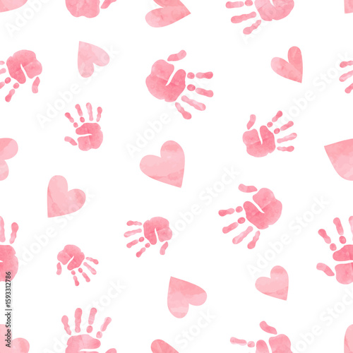 Seamless pattern with kids palm hand prints and hearts. Baby shower watercolor vector illustration