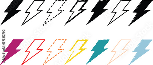 Collection of lightning bolt icons in various styles and colors isolated on white background
