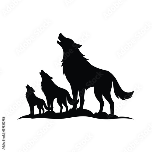 Striking black silhouette of a wolf family with adult wolves and a pup for advertising