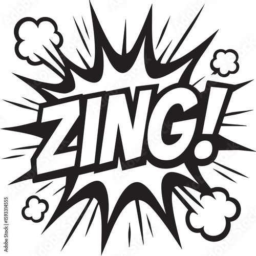 Zing! Comic Sound Effect Graphic in Black and White for dynamic visual impact.