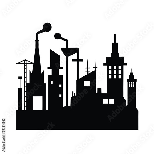Striking black silhouette of a vibrant downtown cityscape with architectural details