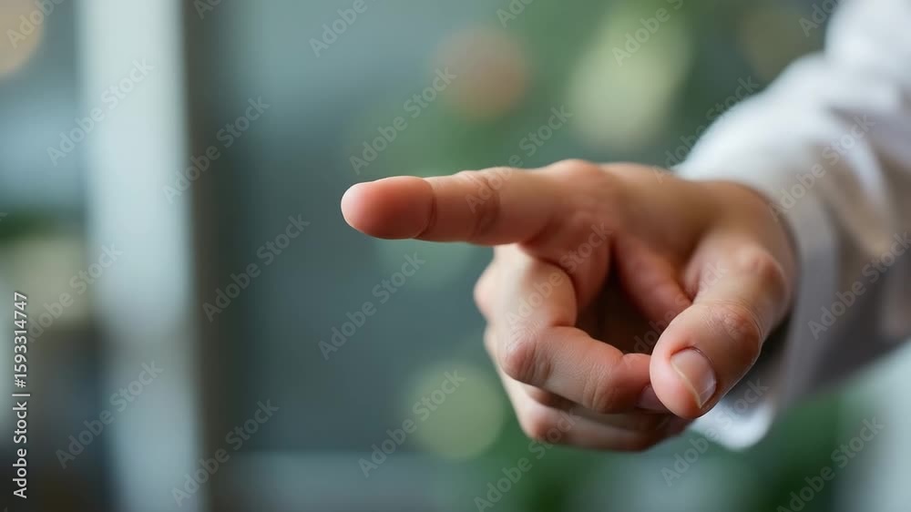 A hand pointing forward with an extended index finger, against a blurred background.