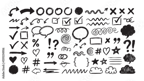 Doodle vector pack with check marks, arrows, shapes and more, great for graphic design assets and hand drawn embellishments