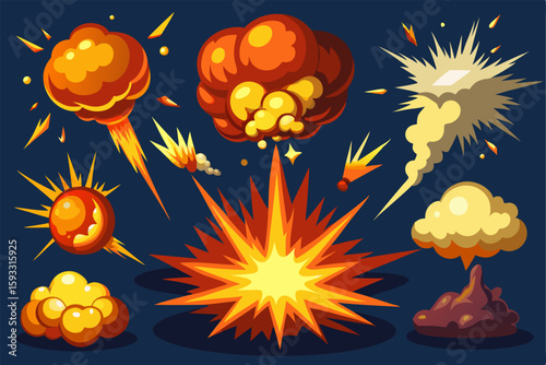 Vector illustration set of flat explosion animation effects. Perfect for gaming, action comics, and creative motion designs. Bold and impactful visual elements.