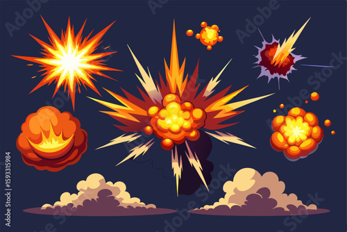 Set of explosion animation effects in flat cartoon style. Ideal for video games, comics, and dynamic design projects. Vibrant vector illustrations for versatile use.
