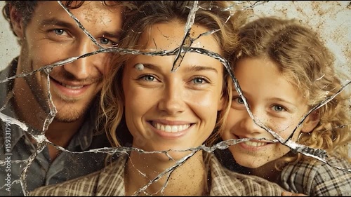 A smiling family portrait is seen through shattered glass, symbolizing tension or broken relationships despite outward happiness.