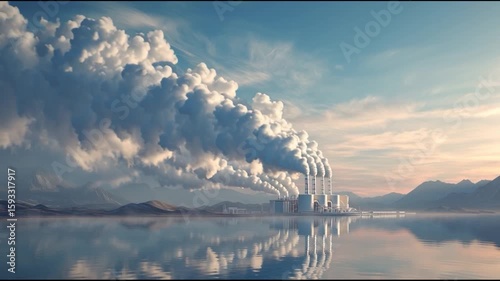 A factory by a lake emits thick smoke, creating large clouds against a mountainous background under a serene sky.