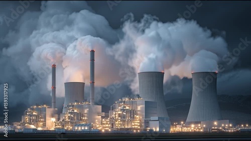 A large industrial power plant with cooling towers emits thick white steam into a moody, cloudy sky.