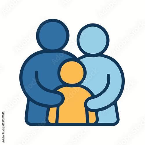 Stylized illustration of a family consisting of two parents embracing a child.