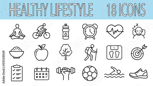 Healthy Lifestyle Vector Icon Set | Outline | Fitness, Wellness, Nutrition, Sleep, Activity