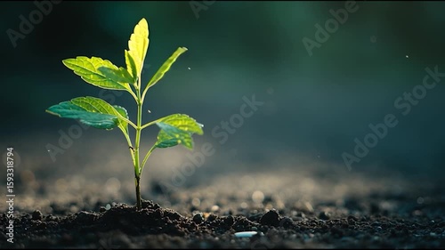 A small green seedling emerges from dark, fertile soil, bathed in soft natural sunlight.