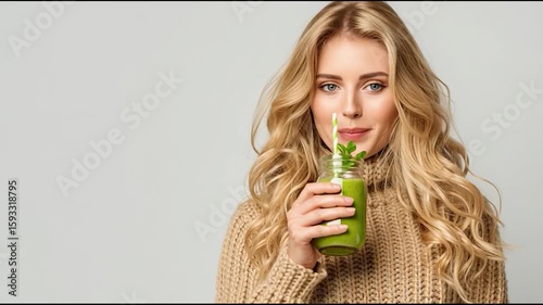 A young woman with blonde hair in a cozy sweater drinks a green smoothie from a mason jar with a straw.