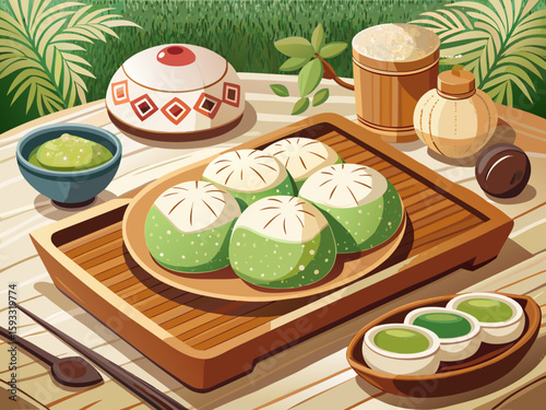 vector of Mochi is a delicious soft Japanese pastry that is very popular in Japanese patterned dishes on a light wooden table.
