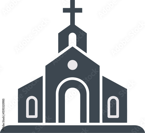 Illustration of a dark gray church with a cross on top against a light gray background