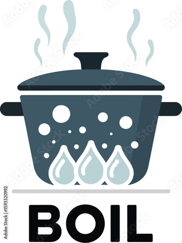 Illustration of a boiling pot with steam rising and the word boil written underneath it