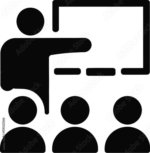 Black icon illustration of a teacher presenting to a small class with a whiteboard present