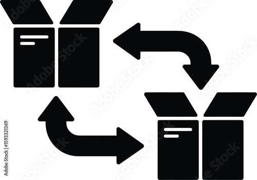 Illustration of two open boxes connected by curved arrows in a circular arrangement