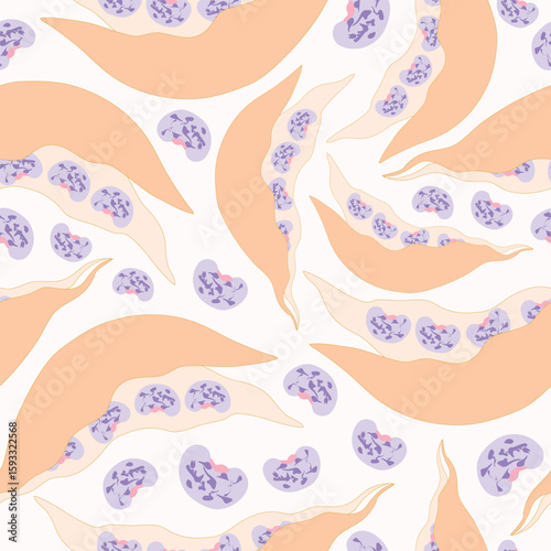 bean pods with purple beans seamless pattern. purple beans with striations in yellow pods seamless pattern. Suitable for fabric, textile, wrapping, decorations, prints and more.