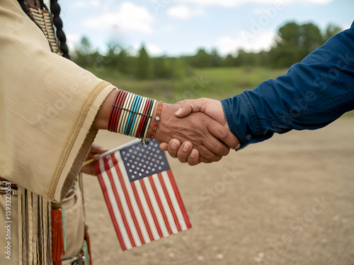 Native American and Caucasian men shaking hands with American flag, unity and reconciliation outdoors